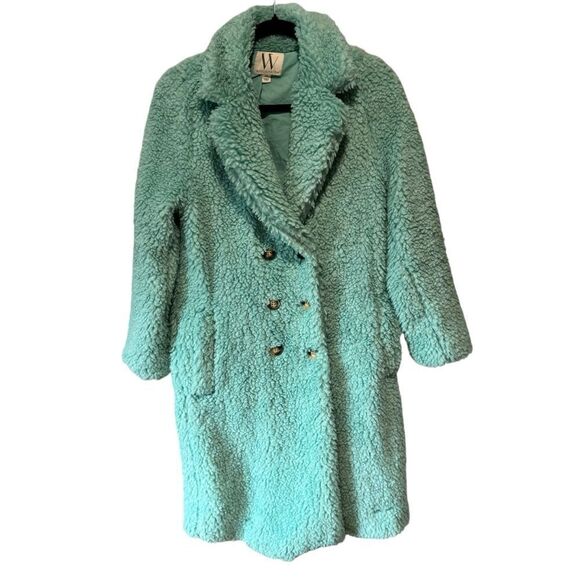 Worthington SeaFoam Green Blue Faux Fur Teddybear Shearling Double Breasted Coat - Picture 5 of 12